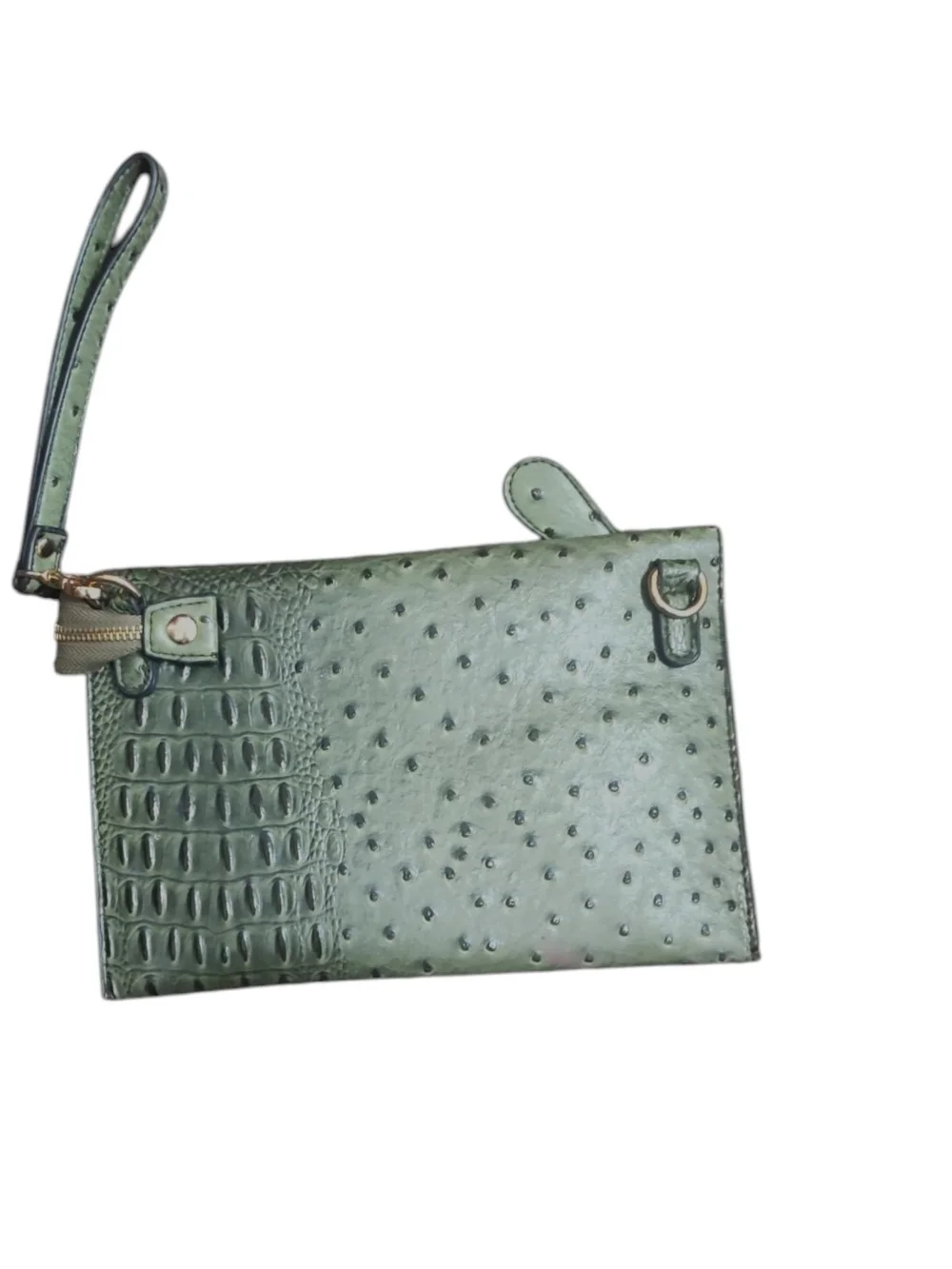 Olive Green Croc-Textured Convertible To Crossbody/ Clutch with Gold Hardware